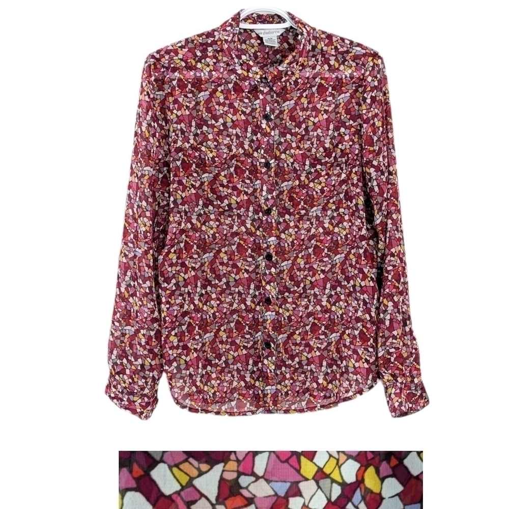 Vintage Liz Clairbone shiffon mosaic print multicolored pink red blouse Medium